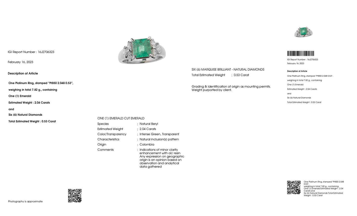 2.04ct NATURAL COLOMBIA EMERALD and 0.53ct NATURAL DIAMONDS set with Platinum Ring - SALE