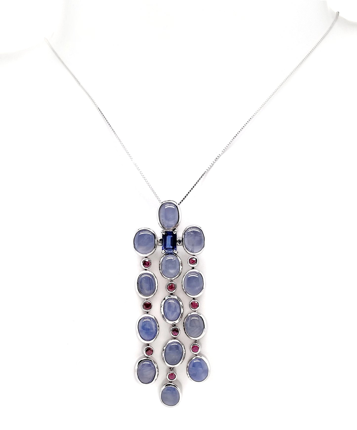 17.07ct Natural Non-treated Star Sapphires, 0.75ct Natural Sapphire and 0.74ct Natural Rubies set with 18K White Gold Necklace