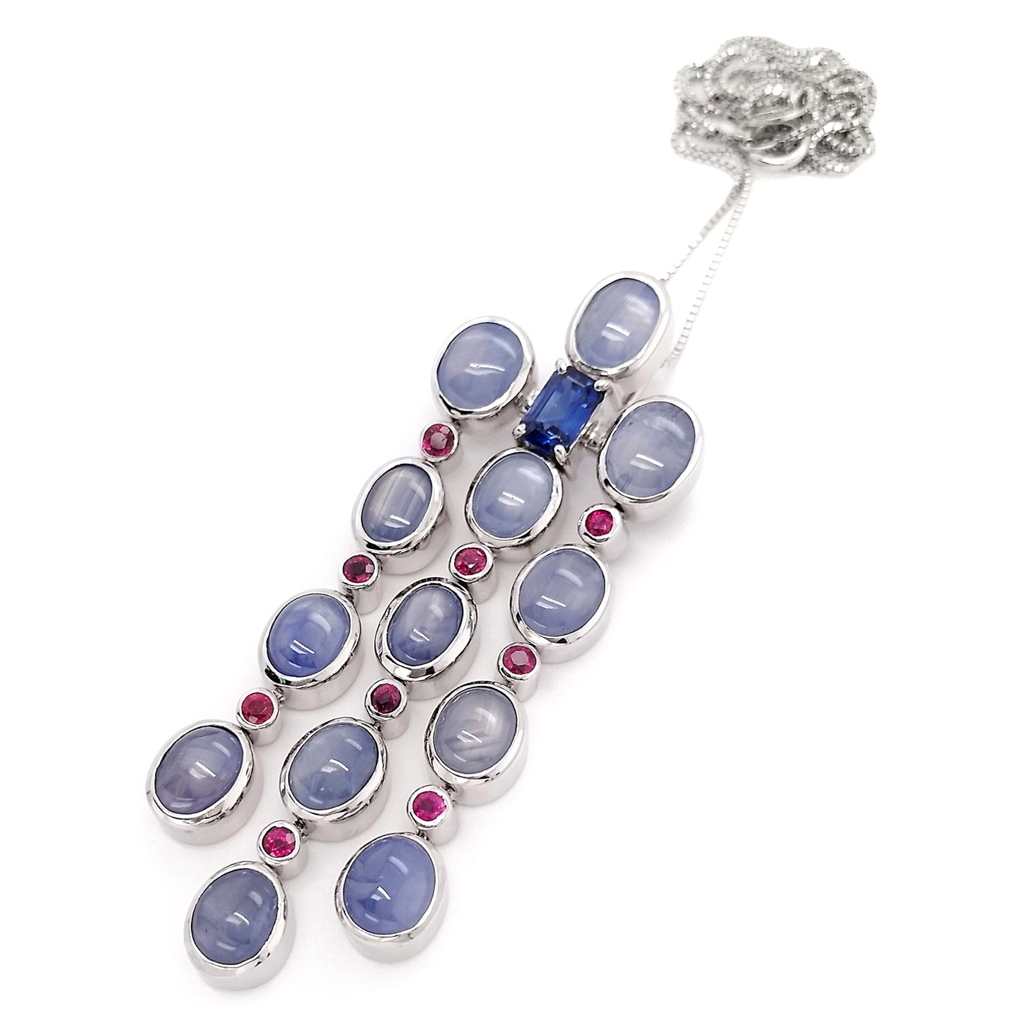 17.07ct Natural Non-treated Star Sapphires, 0.75ct Natural Sapphire and 0.74ct Natural Rubies set with 18K White Gold Necklace