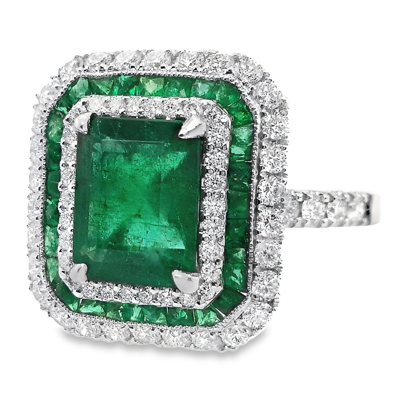 2.89ct Natural Emeralds and 0.87ct Natural Diamonds set with 18K White Gold Ring - SALE