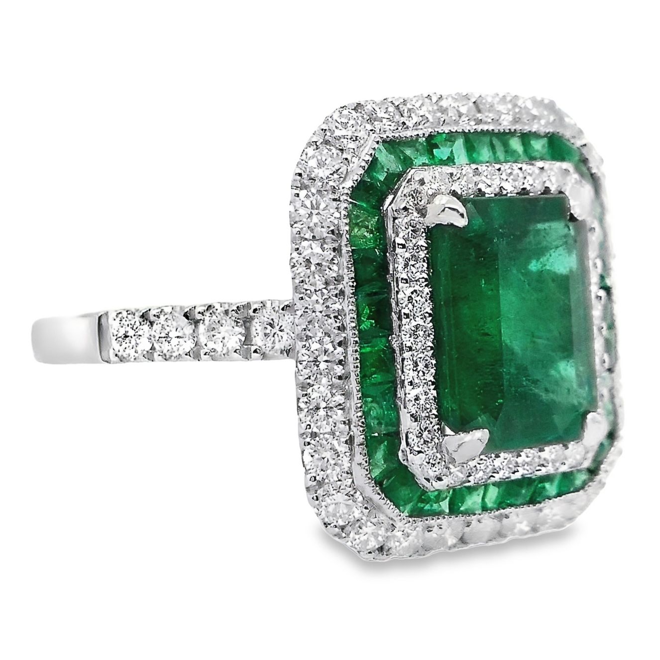 2.89ct Natural Emeralds and 0.87ct Natural Diamonds set with 18K White Gold Ring - SALE