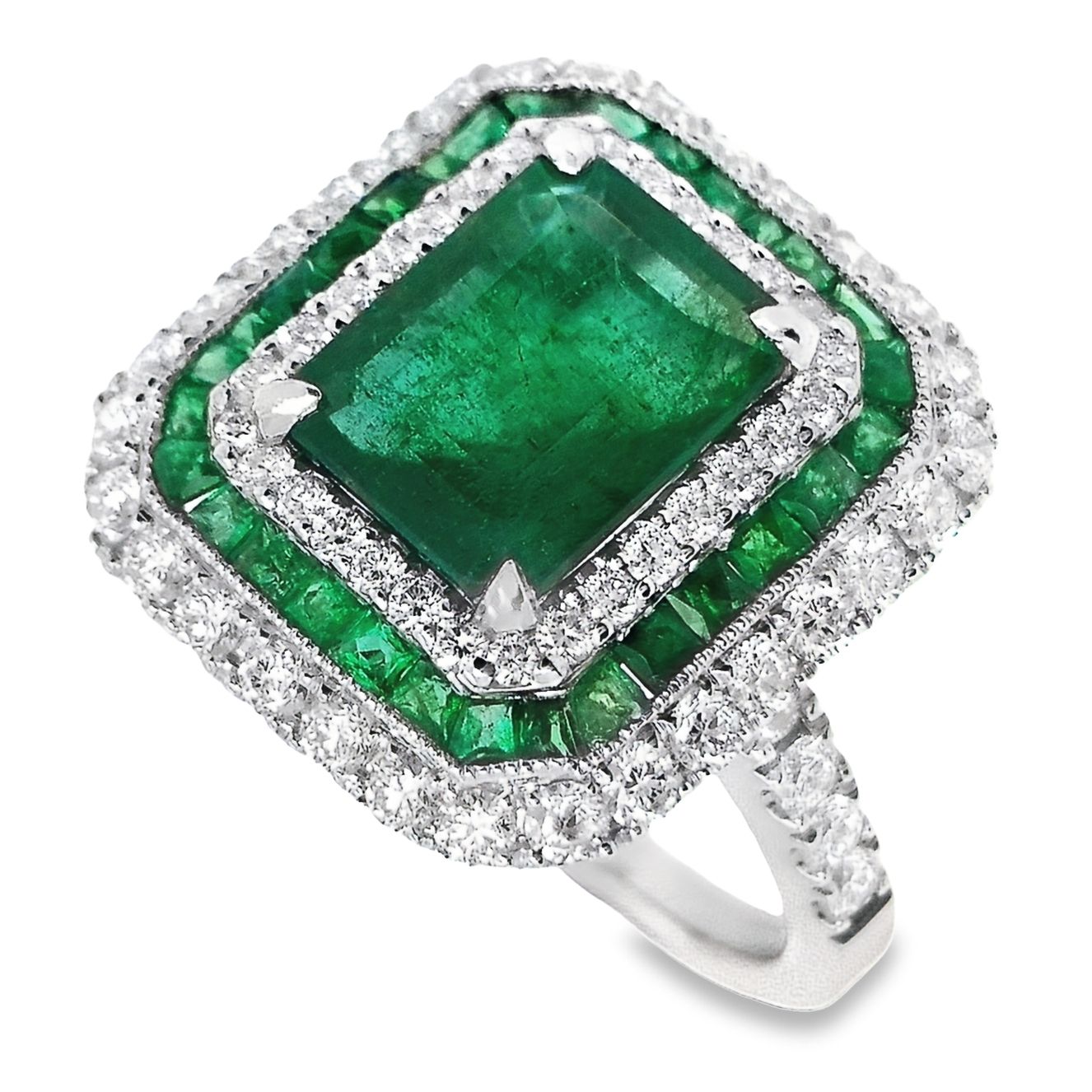 2.89ct Natural Emeralds and 0.87ct Natural Diamonds set with 18K White Gold Ring - SALE