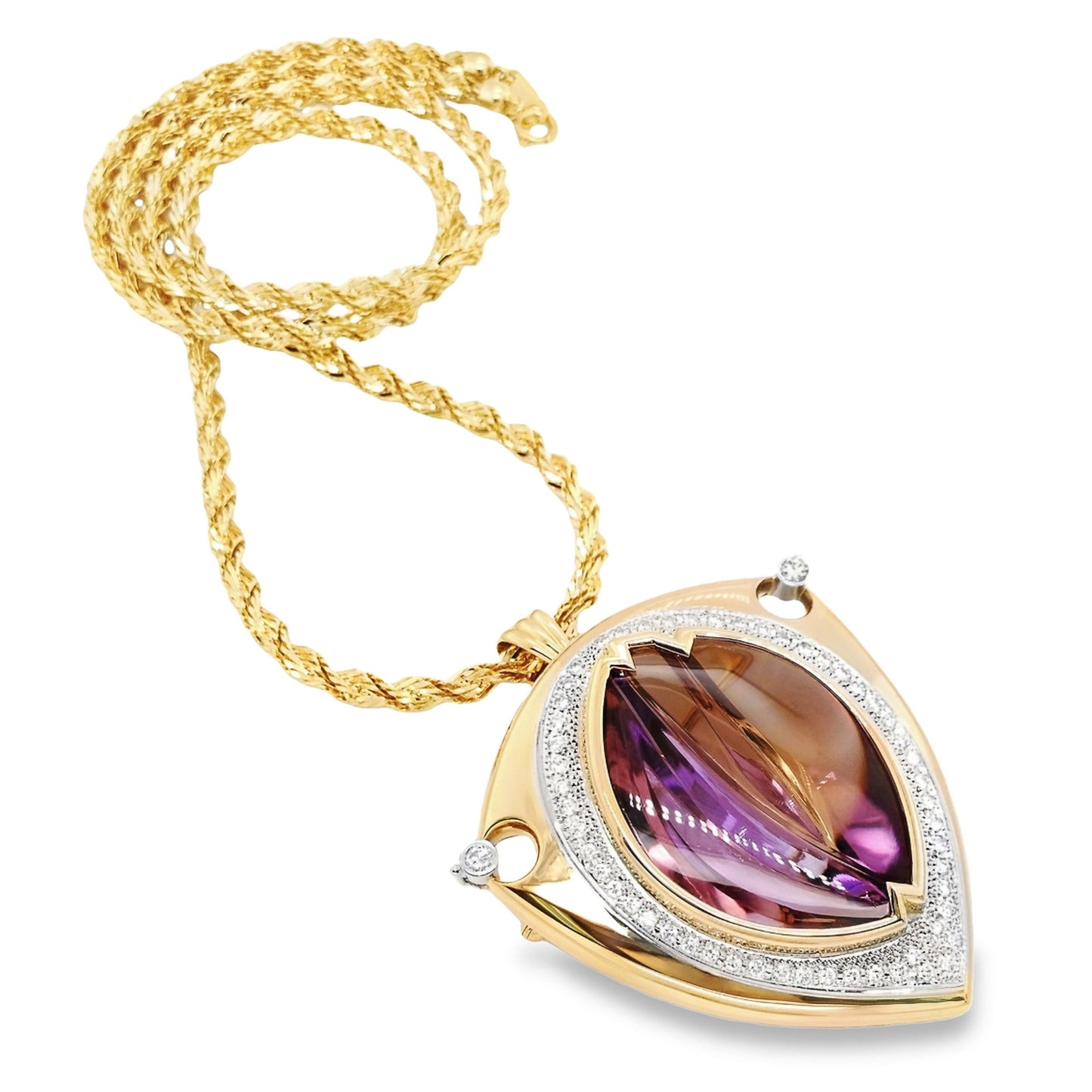57.07ct Natural Purple Amethyst and 1.23ct Natural Diamonds set with 18K Yellow Gold & Platinum Necklace & Brooch