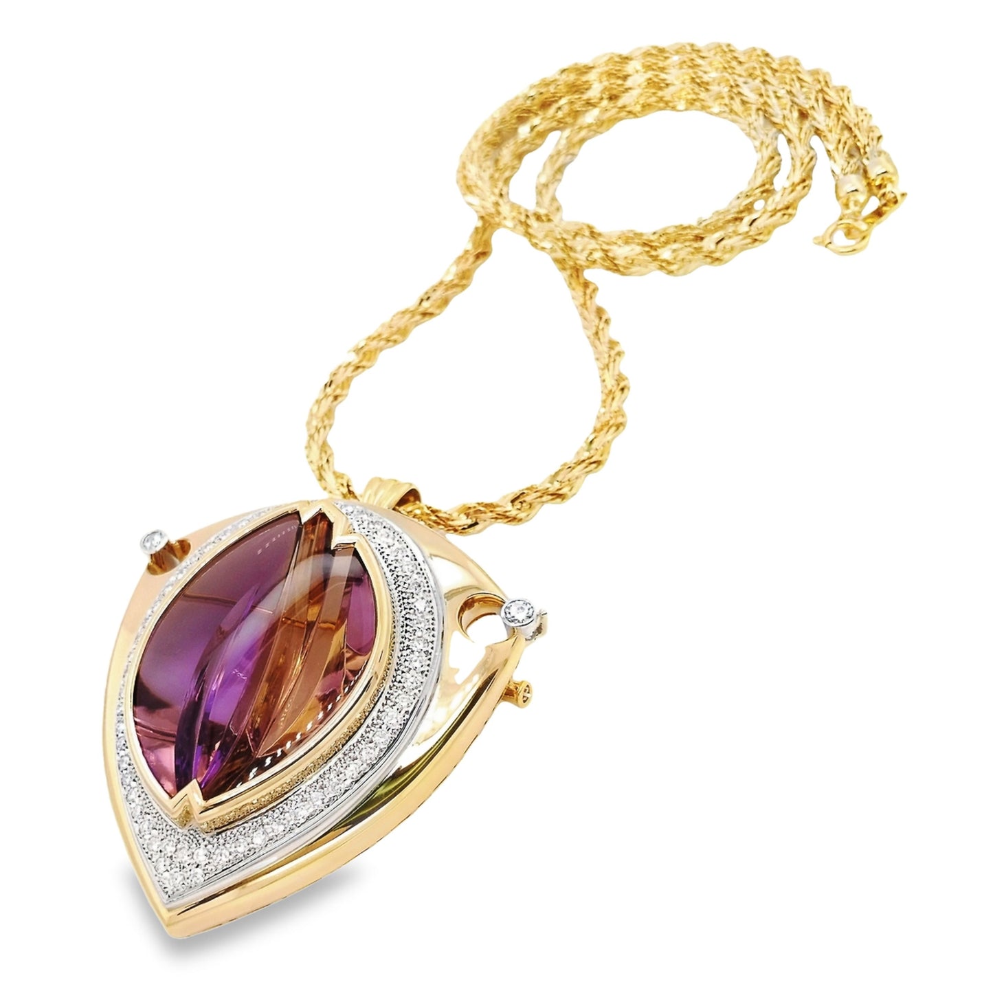 57.07ct Natural Purple Amethyst and 1.23ct Natural Diamonds set with 18K Yellow Gold & Platinum Necklace & Brooch