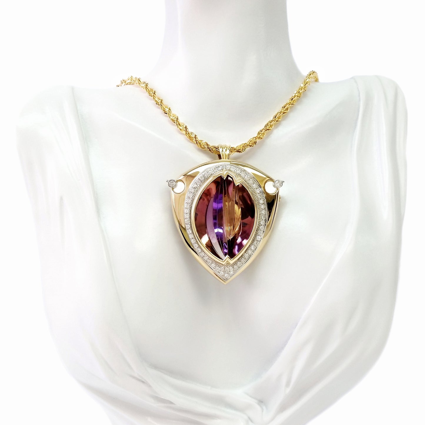 57.07ct Natural Purple Amethyst and 1.23ct Natural Diamonds set with 18K Yellow Gold & Platinum Necklace & Brooch