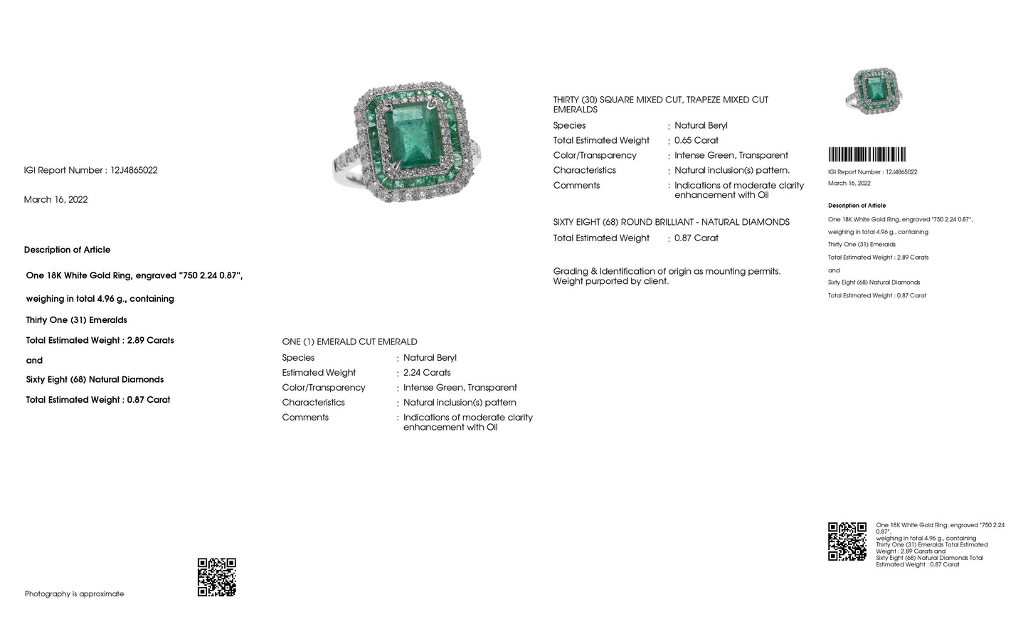 2.89ct Natural Emeralds and 0.87ct Natural Diamonds set with 18K White Gold Ring - SALE