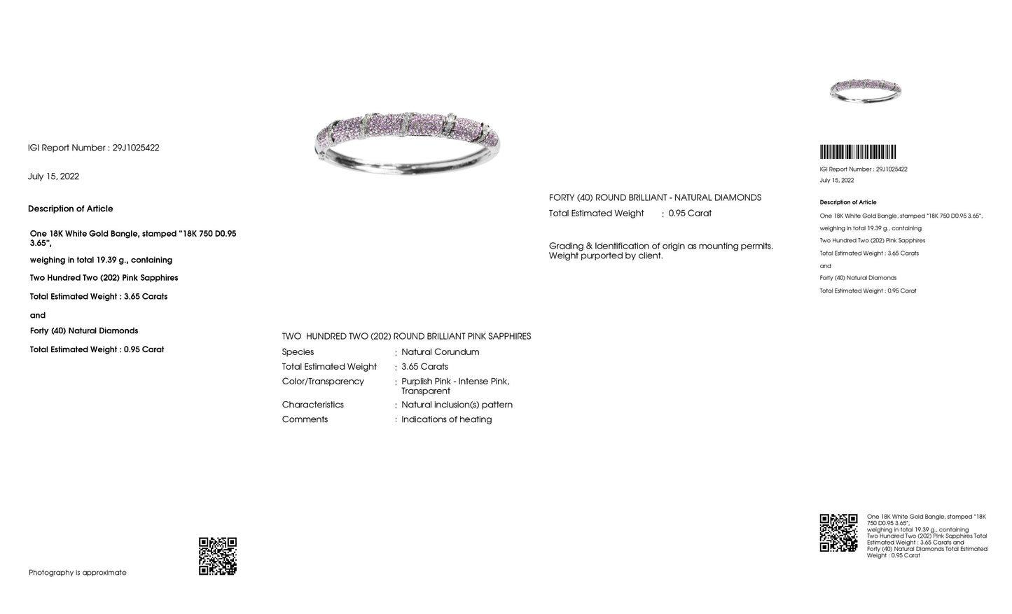 3.65ct NATURAL PINK SAPPHIRES accented by 0.95ct NATURAL DIAMONDS set in 18KT White Gold Bangle