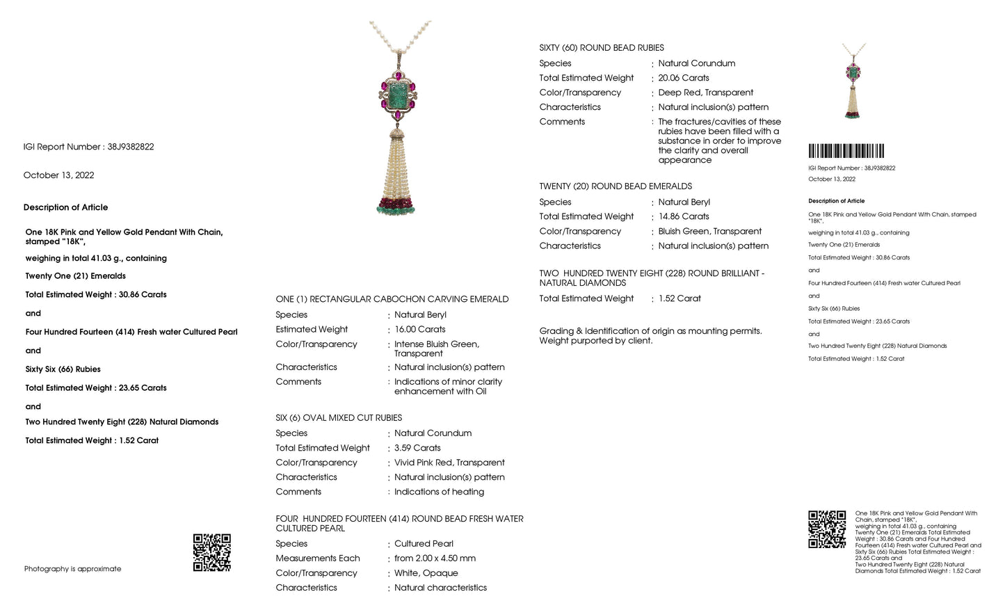 30.86ct Natural Emerald, 23.65 Natural Rubies, 1.52ct Natural Diamonds and Natural Pearls set with 18K Pink & Yellow Gold Masterpiece Necklace