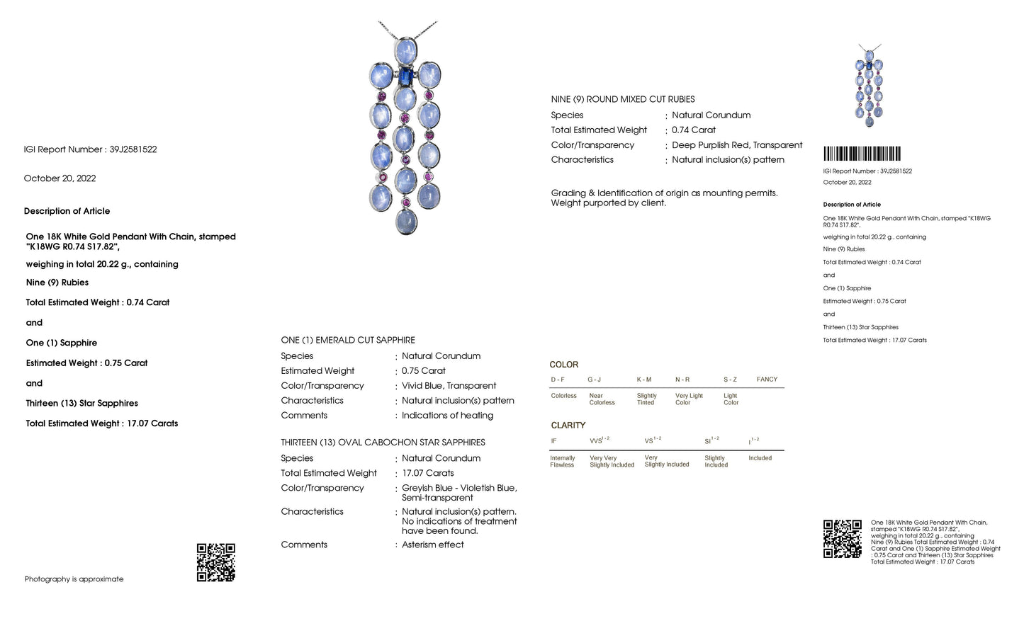 17.07ct Natural Non-treated Star Sapphires, 0.75ct Natural Sapphire and 0.74ct Natural Rubies set with 18K White Gold Necklace