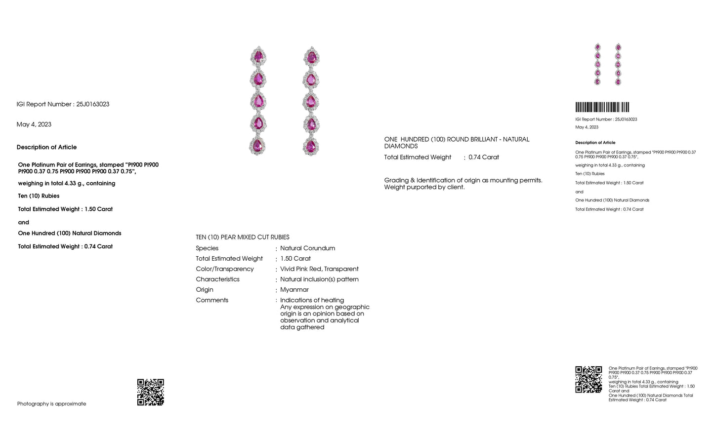 1.00ct NATURAL BURMA RUBIES and 0.80ct NATURAL DIAMONDS set with platinum pair of Earrings - SALE
