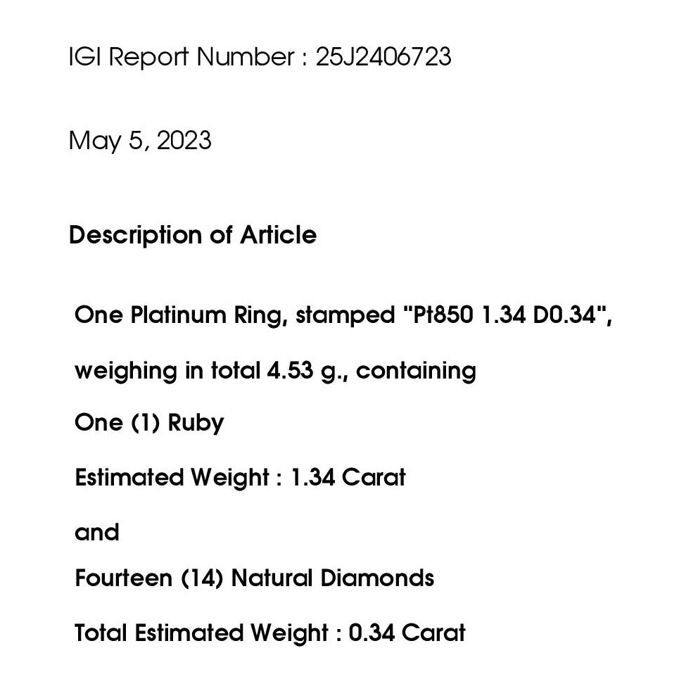 1.34ct Thai Ruby 0.34ct Natural Diamonds set with Platinum Ring - SALE