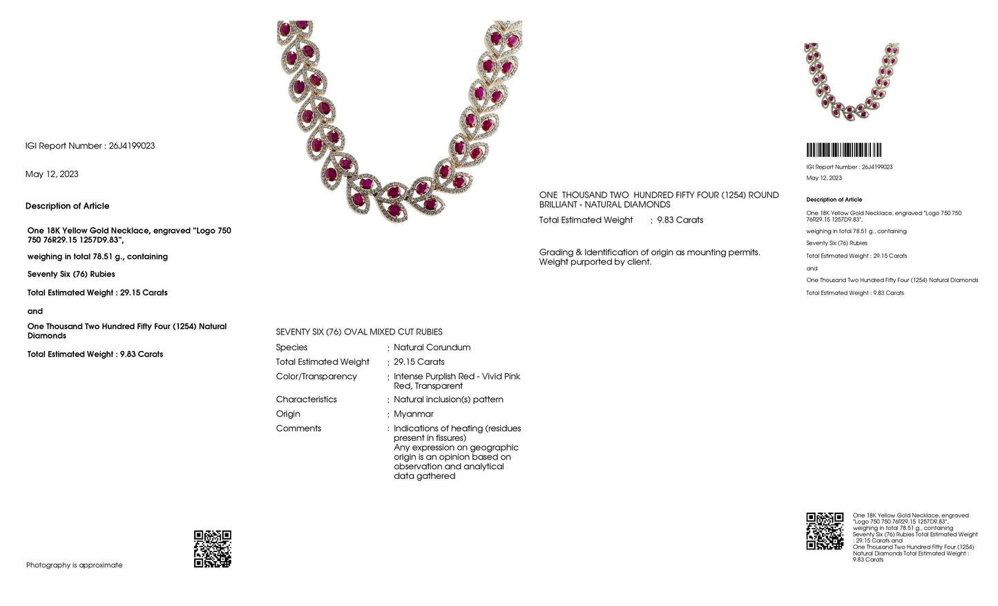 29.15ct Natural Burma Rubies and 9.83ct Natural Diamonds set with 18K Yellow Gold Necklace