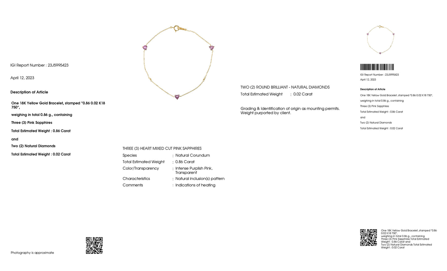 0.86ct NATURAL PINK-SAPPHIRES and 0.02ct NATURAL DIAMONDS set with 18K Yellow Gold Bracelet - SALE