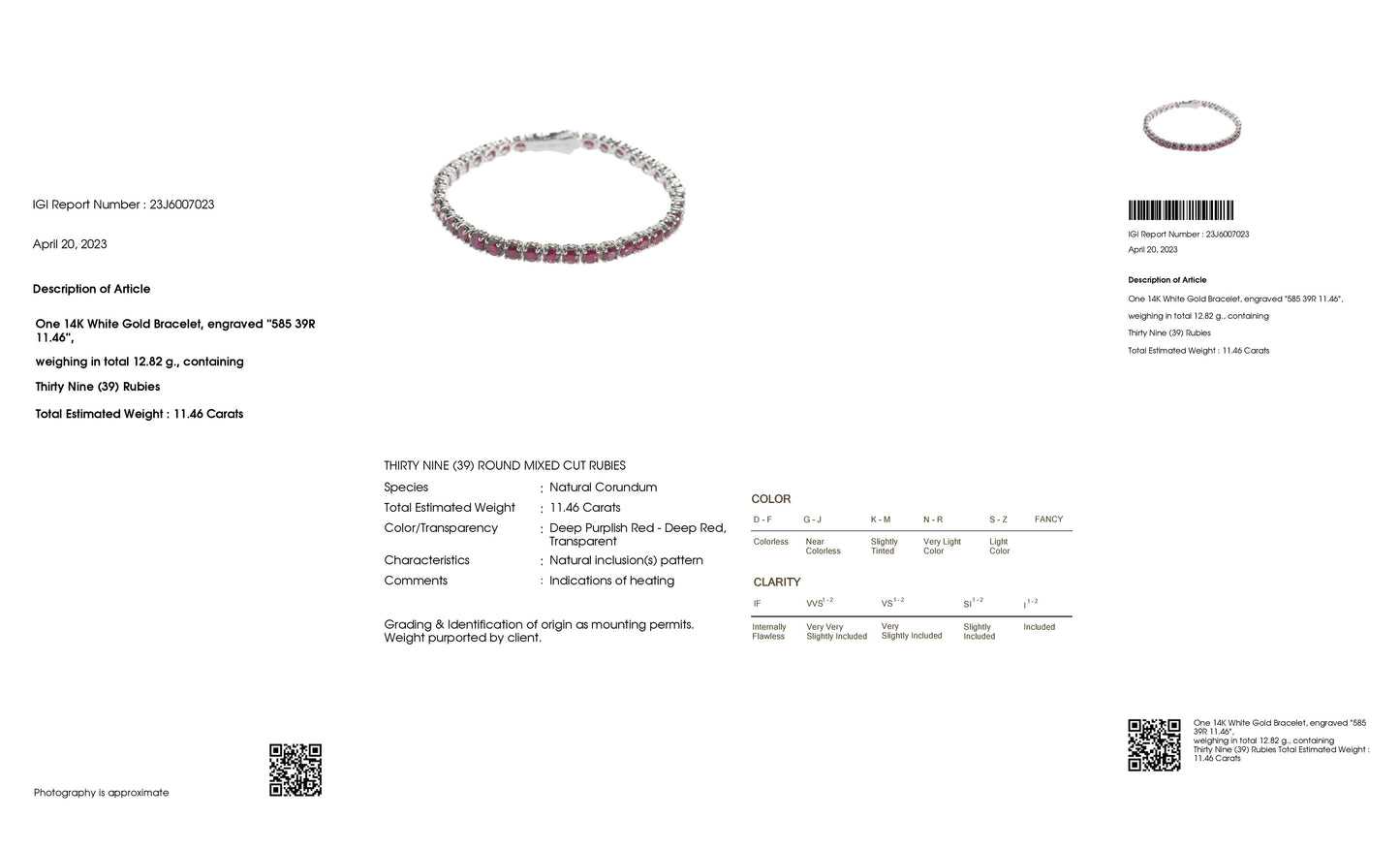 IGI Certified 11.46ct Natural Rubies 14K White Gold Bracelet