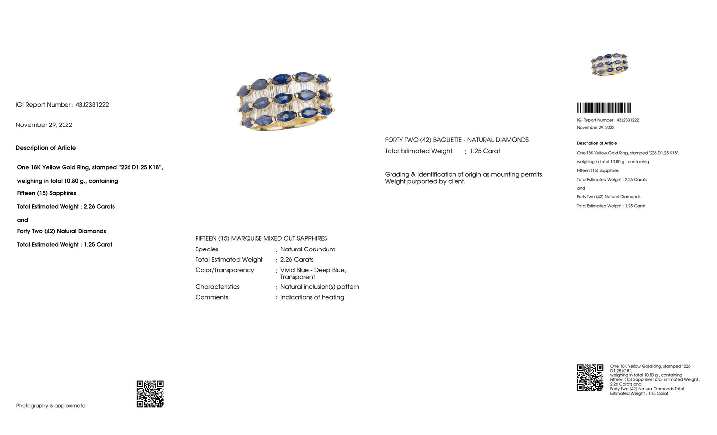 2.26ct Natural Sapphires and 1.25ct Natural Diamonds set with 18K Yellow Gold Ring