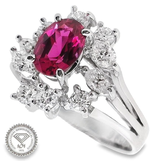 0.96ct NATURAL NOT-TREATED THAI RUBY accented by 0.64ct NATURAL DIAMONDS set with Platinum Ring - SALE