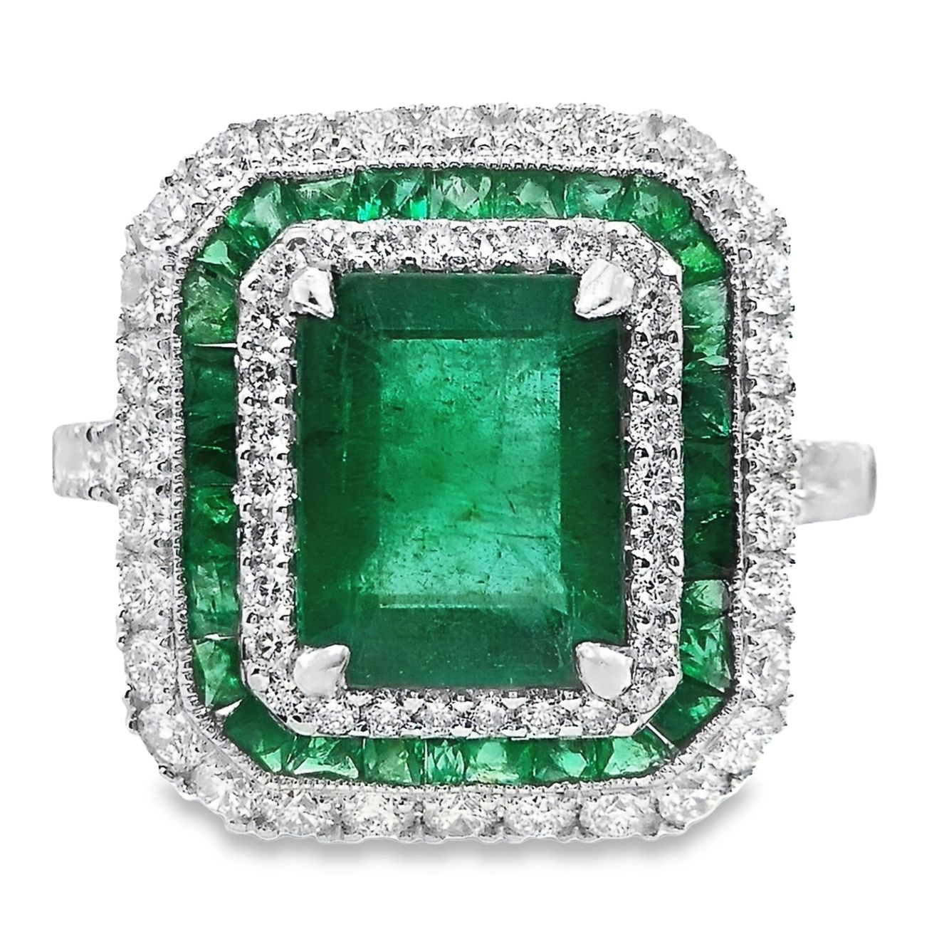 2.89ct Natural Emeralds and 0.87ct Natural Diamonds set with 18K White Gold Ring - SALE