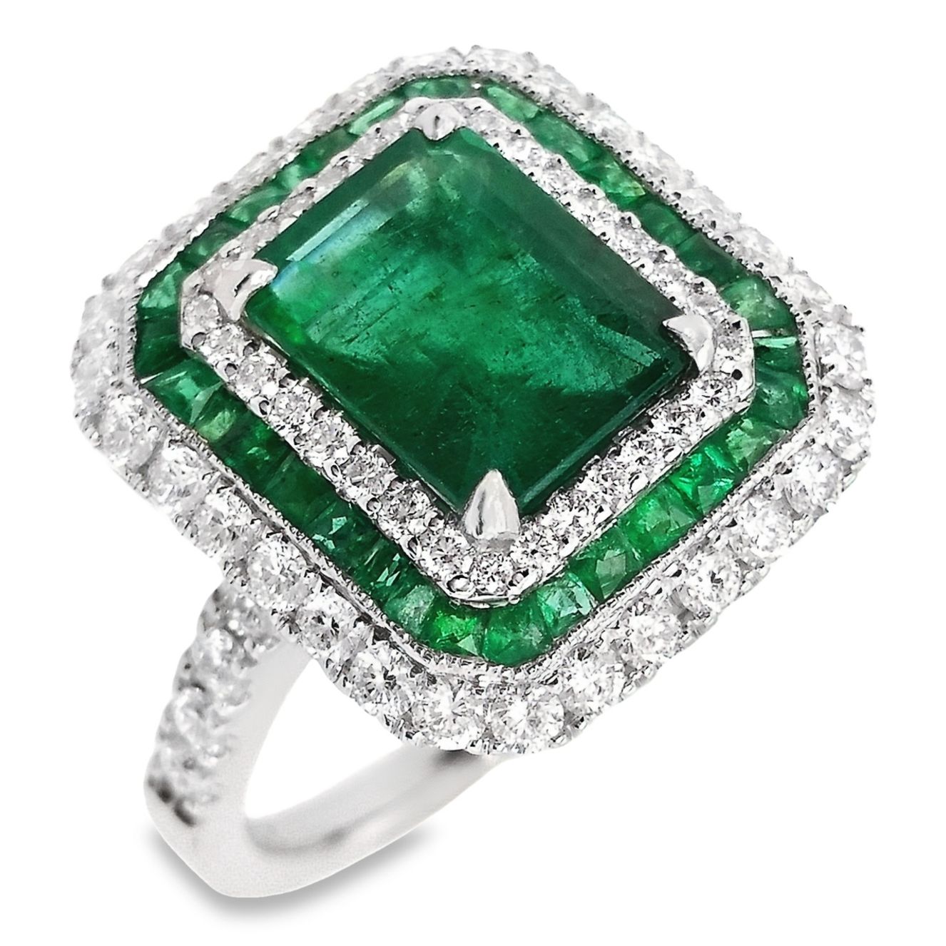 2.89ct Natural Emeralds and 0.87ct Natural Diamonds set with 18K White Gold Ring - SALE