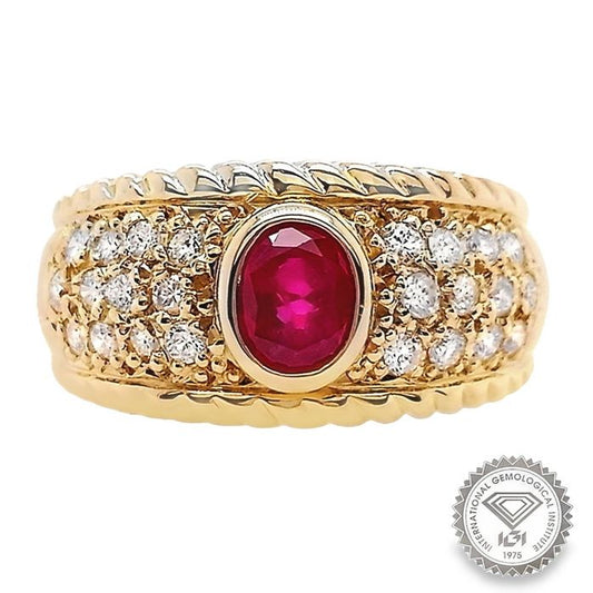 0.98ct NATURAL BURMA RUBY accented by 0.39ct NATURAL DIAMONDS set with 18K Yellow Gold Ring