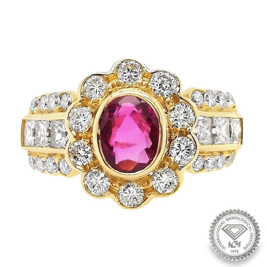 0.93ct NATURAL RUBY accented by 1.27ct NATURAL DIAMONDS Ring set with 18KT Yellow Gold - SALE