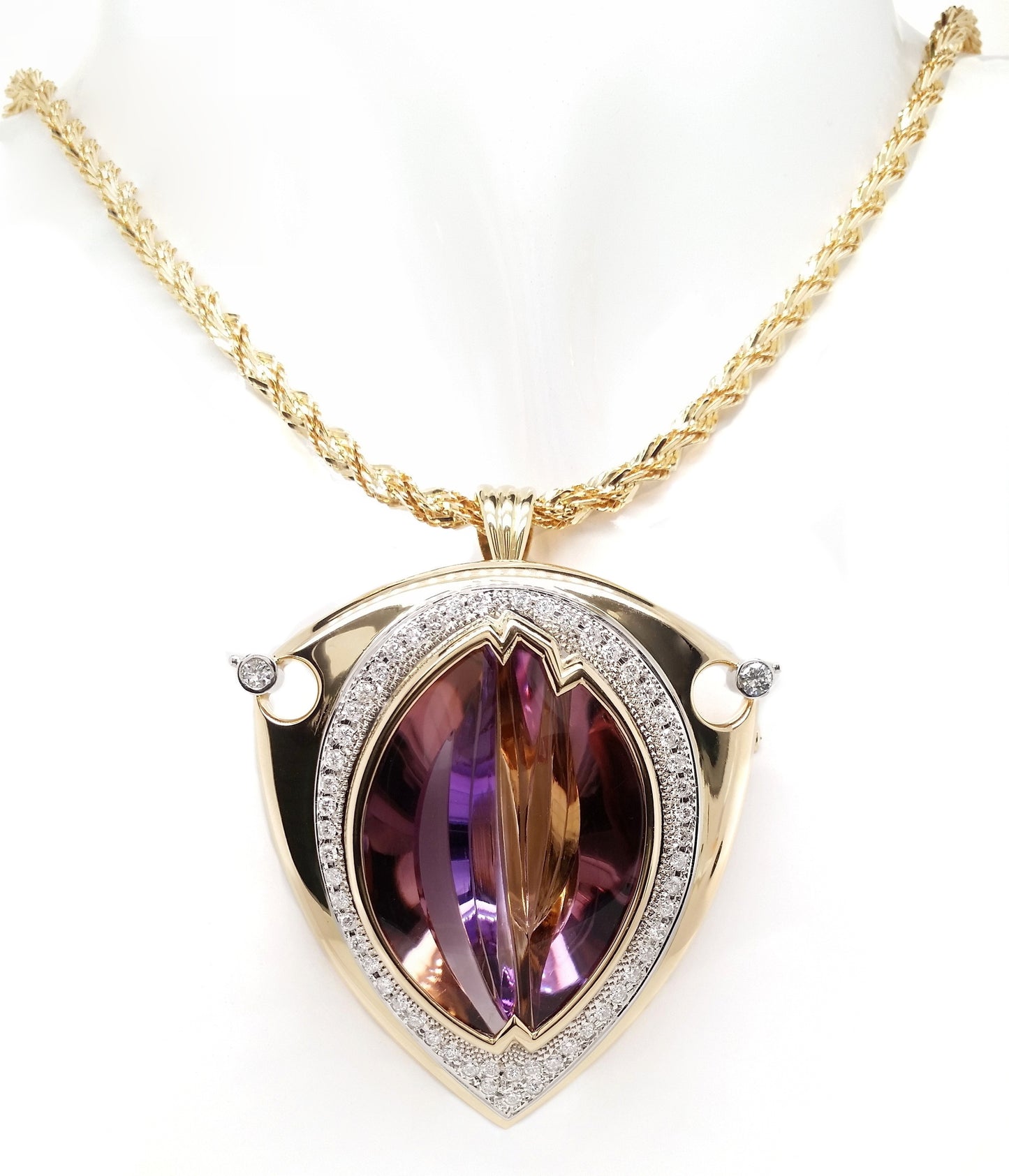 57.07ct Natural Purple Amethyst and 1.23ct Natural Diamonds set with 18K Yellow Gold & Platinum Necklace & Brooch