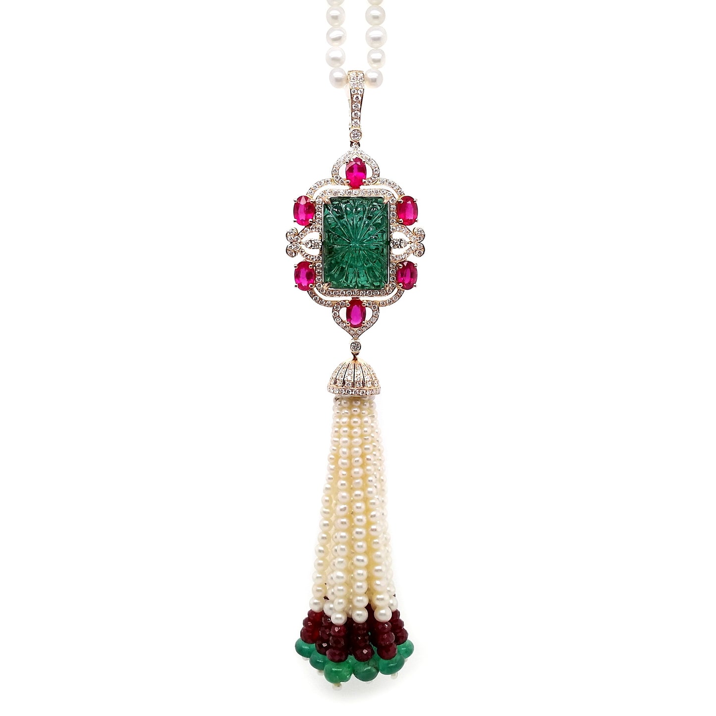 30.86ct Natural Emerald, 23.65 Natural Rubies, 1.52ct Natural Diamonds and Natural Pearls set with 18K Pink & Yellow Gold Masterpiece Necklace