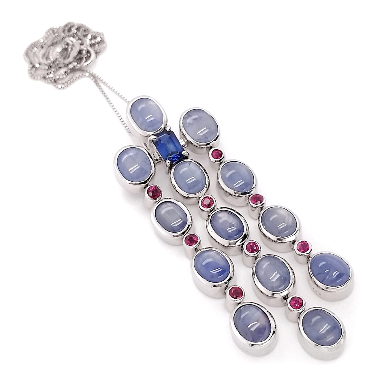 17.07ct Natural Non-treated Star Sapphires, 0.75ct Natural Sapphire and 0.74ct Natural Rubies set with 18K White Gold Necklace