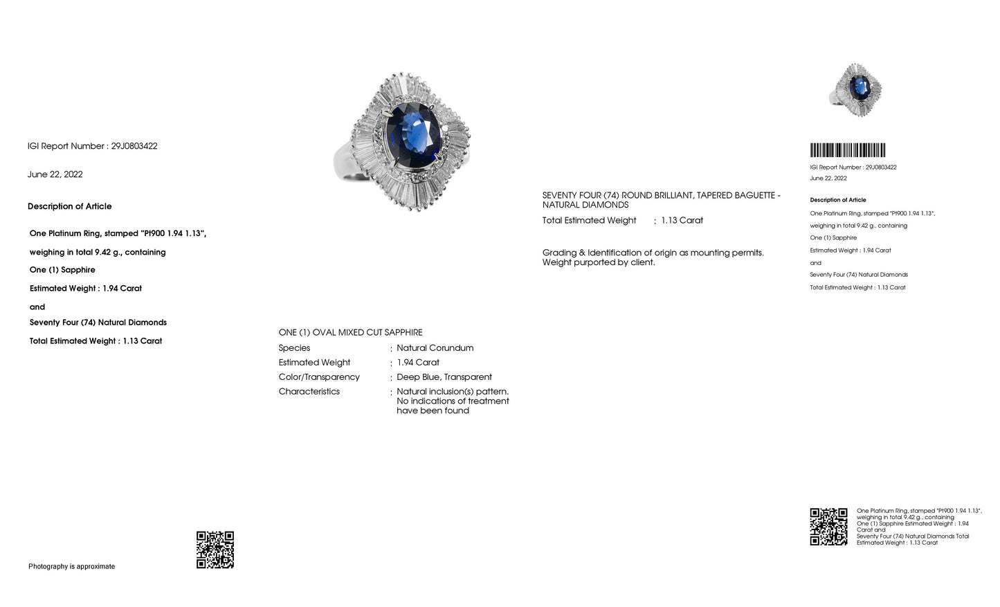 1.94ct NATURAL NOT-TREATED SAPPHIRE and 1.13ct NATURAL DIAMONDS set with Platinum Ring - SALE