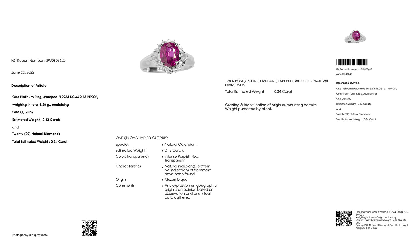 2.13ct NOT-HEATED MOZAMBIQUE RUBY and 0.34ct NATURAL DIAMONDS Ring set in Platinum - SALE