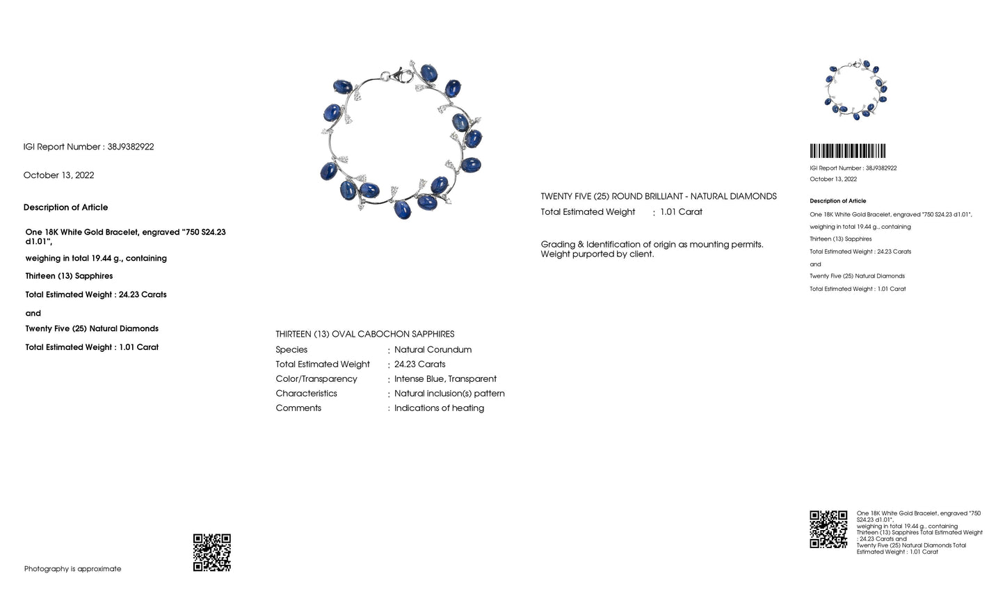 24.23ct Natural Sapphires and 1.01ct Natural Diamonds set with 18K White Gold Bracelet - SALE