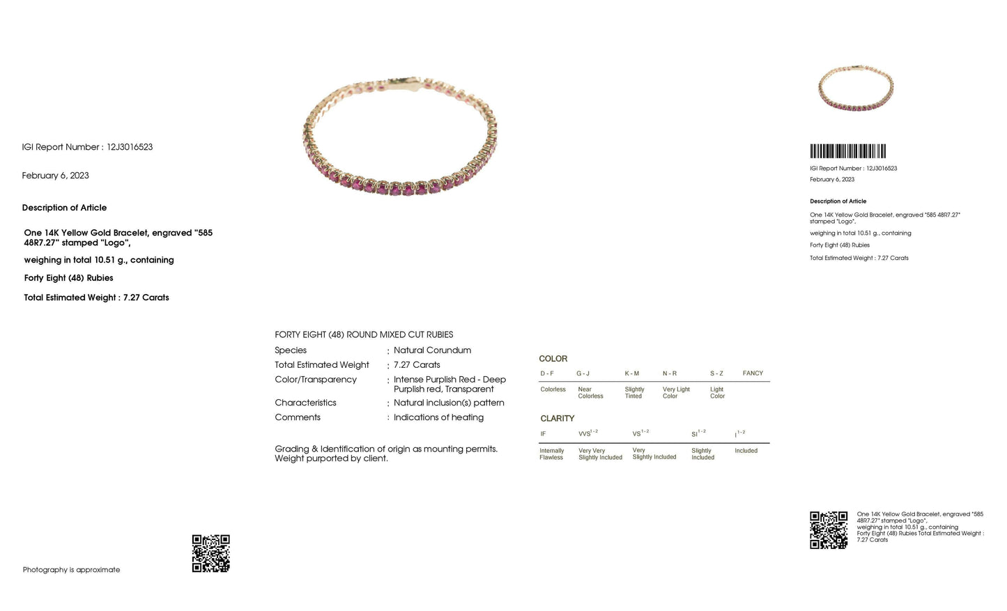 7.27ct Natural Rubies set in 14Kt Yellow Gold Bracelet