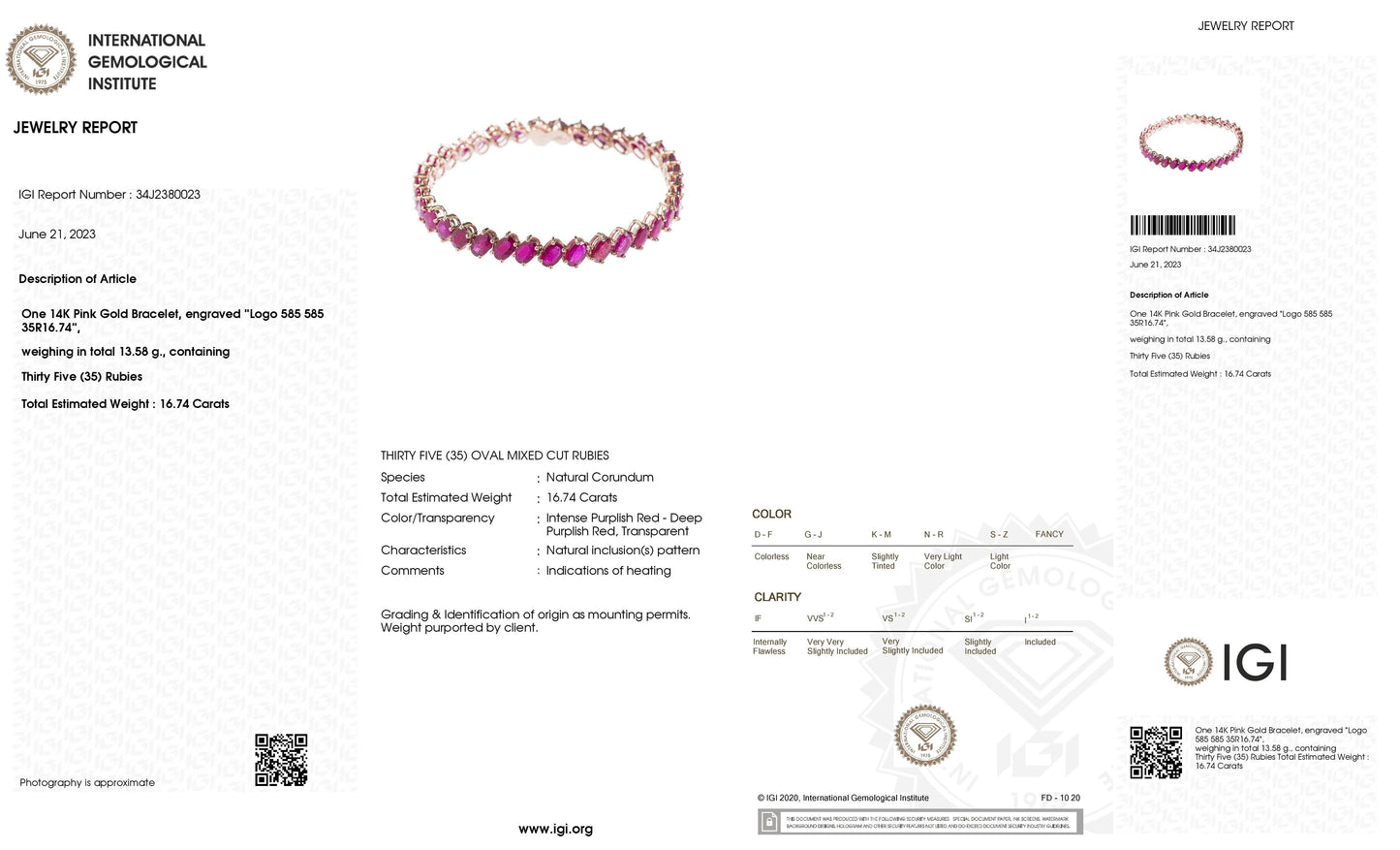 16.74ct Natural Rubies set with 14K Pink Gold Bracelet