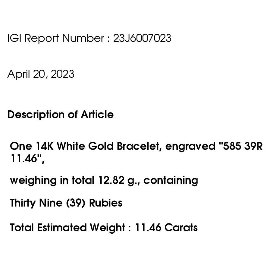 IGI Certified 11.46ct Natural Rubies 14K White Gold Bracelet