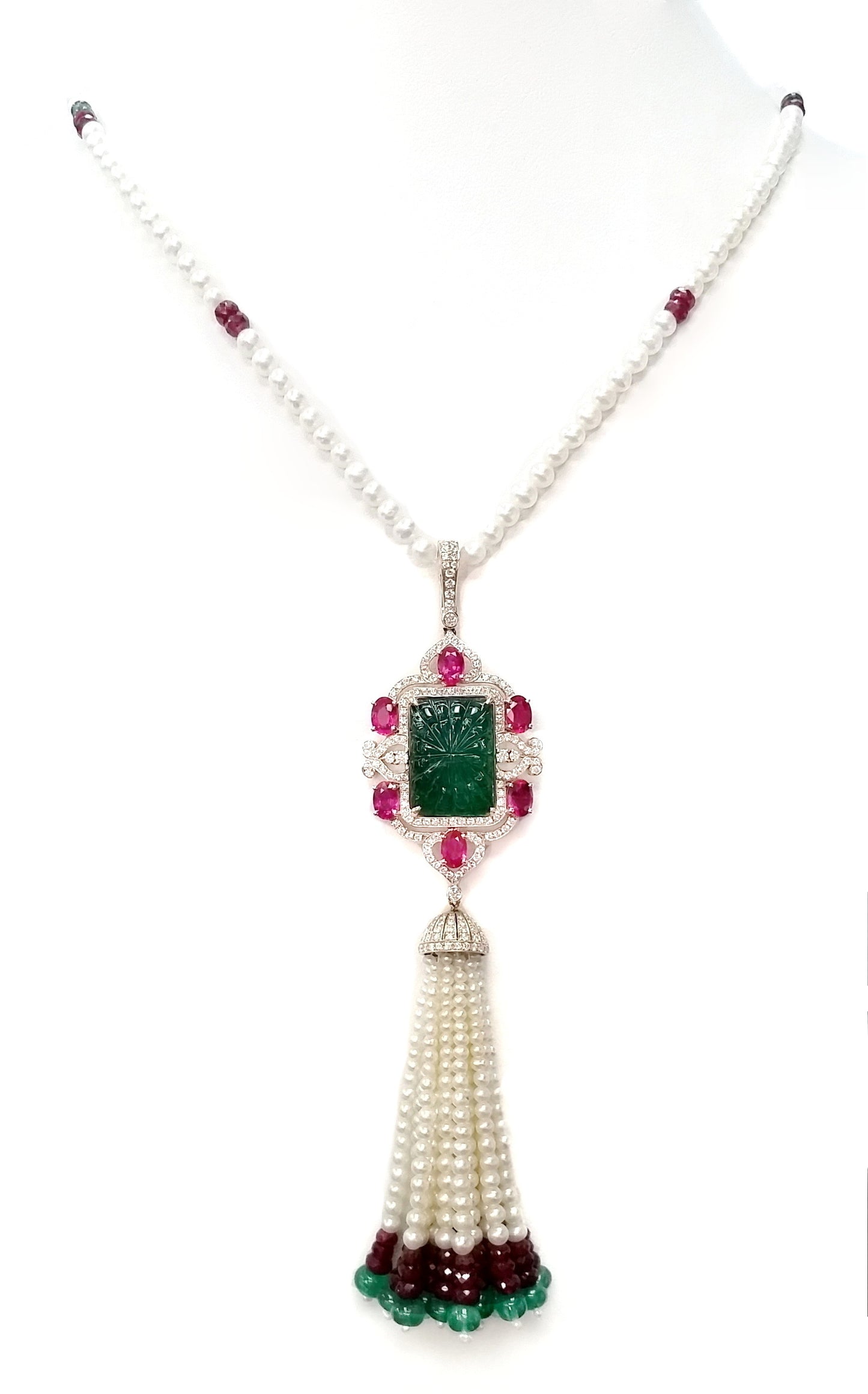 30.86ct Natural Emerald, 23.65 Natural Rubies, 1.52ct Natural Diamonds and Natural Pearls set in 18K Pink and Yellow Gold masterpiece Necklace