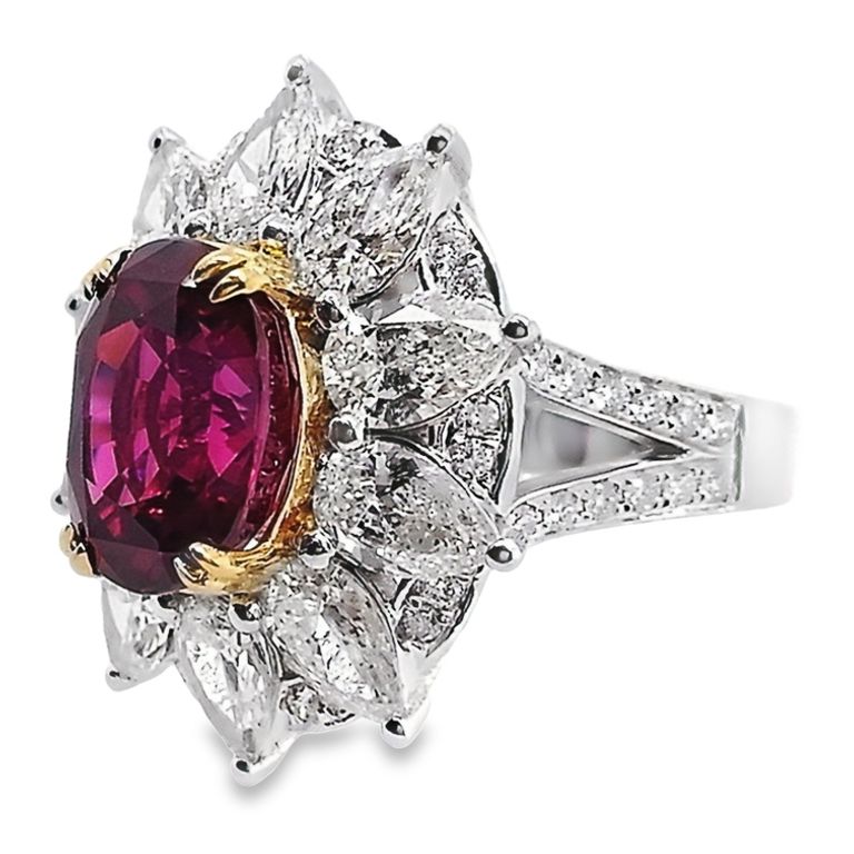 6.03ct NATURAL BURMA RUBY and 3.61ct NATURAL DIAMONDS set with 18K White & Yellow Gold Ring