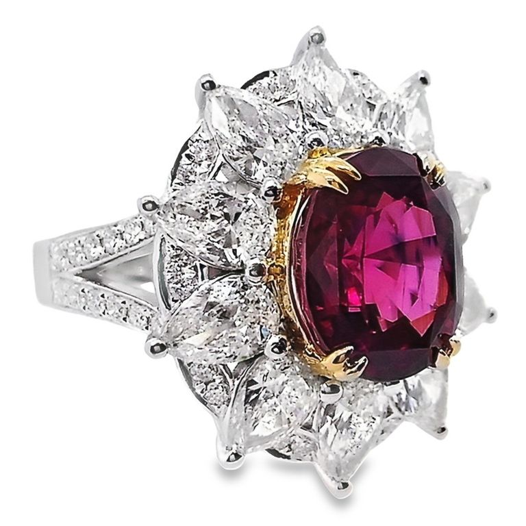 6.03ct NATURAL BURMA RUBY and 3.61ct NATURAL DIAMONDS set with 18K White & Yellow Gold Ring