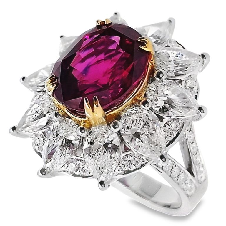 6.03ct NATURAL BURMA RUBY and 3.61ct NATURAL DIAMONDS set with 18K White & Yellow Gold Ring