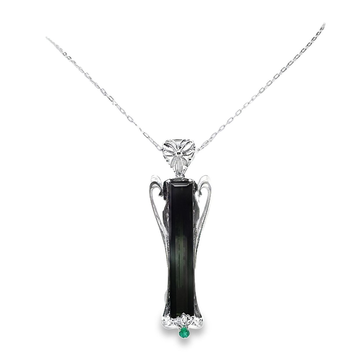 11.70ct NATURAL GREEN TOURMALINE and 0.10ct NATURAL EMERALD set in 18KG White Gold Necklace with Pendant