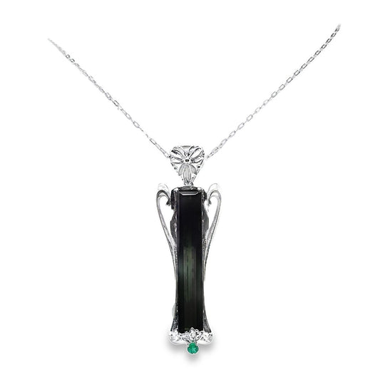 11.70ct NATURAL GREEN TOURMALINE and 0.10ct NATURAL EMERALD set in 18KG White Gold Necklace with Pendant