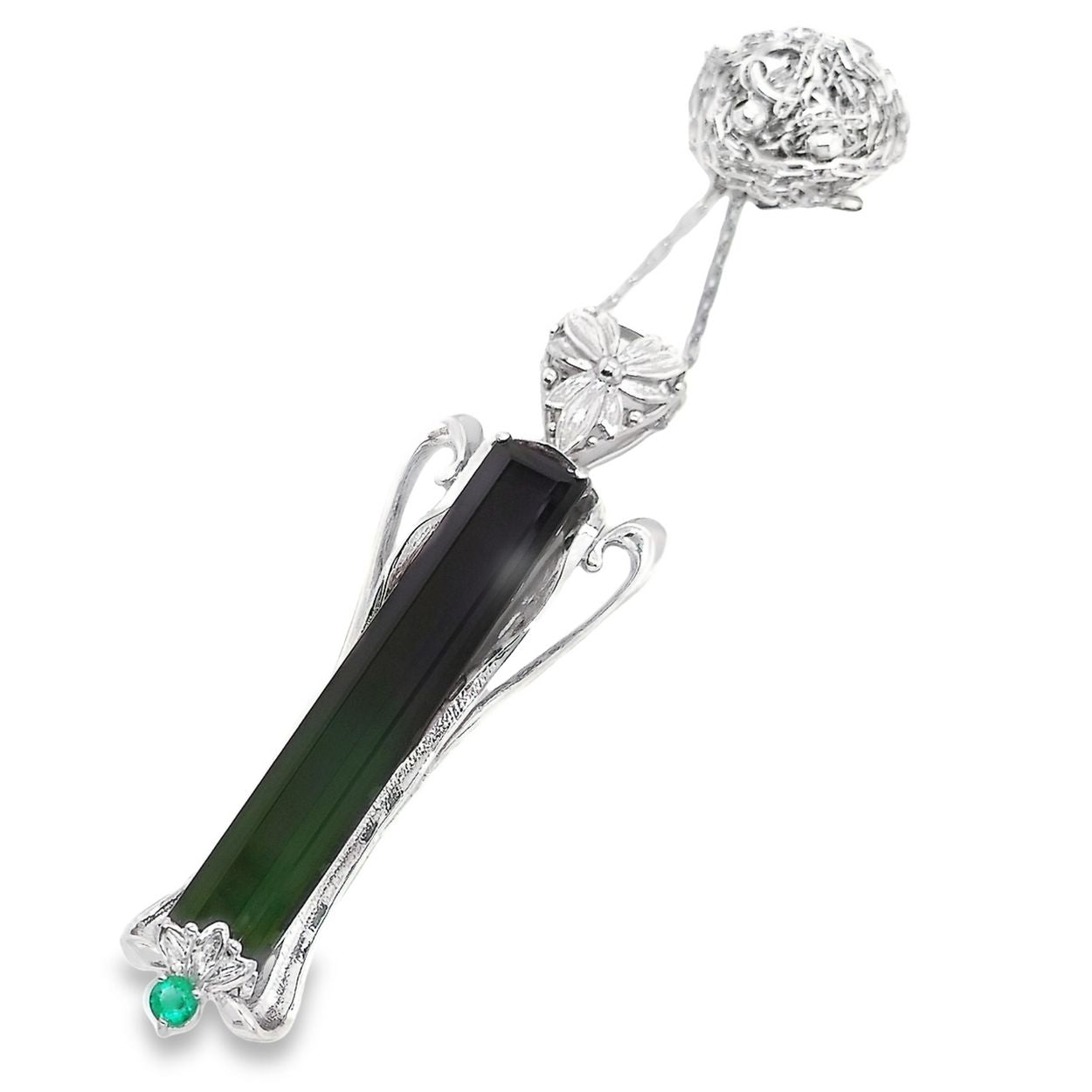 11.70ct NATURAL GREEN TOURMALINE and 0.10ct NATURAL EMERALD set in 18KG White Gold Necklace with Pendant