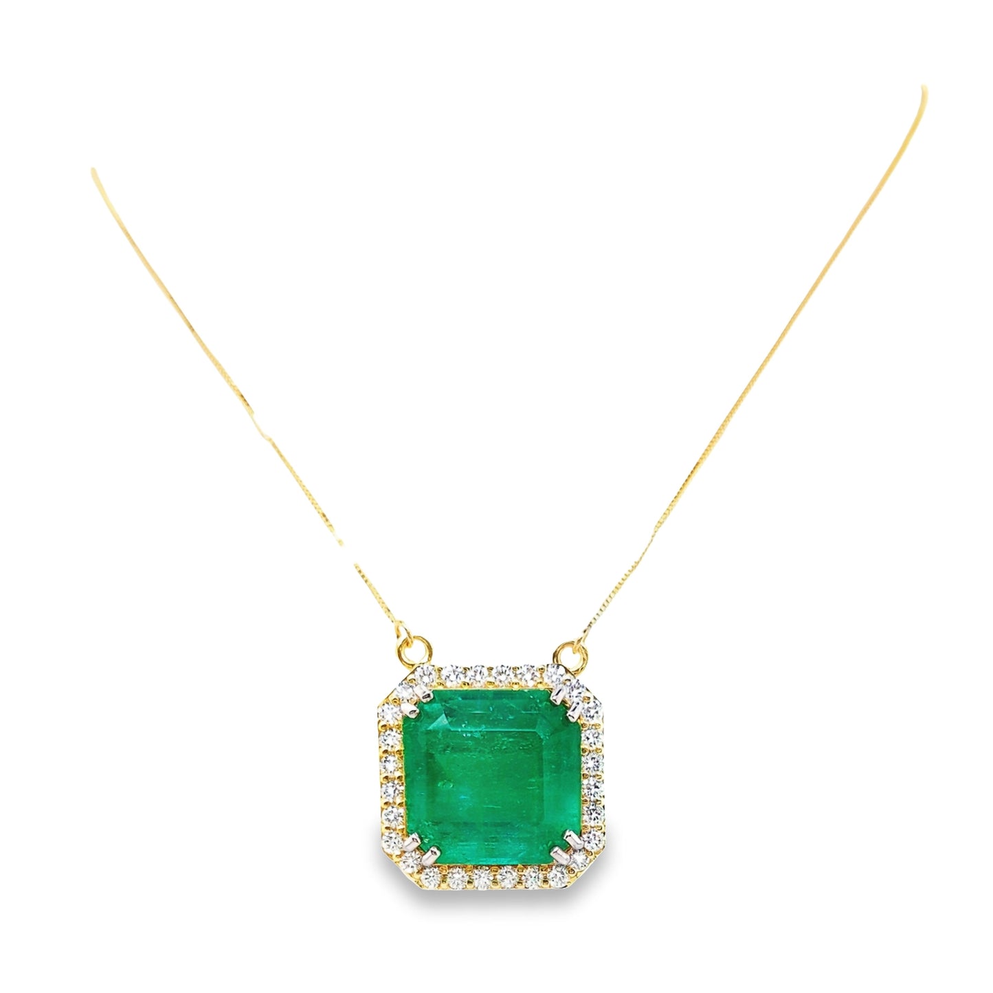 26.53ct NATURAL COLOMBIA EMERALD accented by 1.40ct NATURAL DIAMONDS set in 18K Yellow Gold Necklace with Pendant