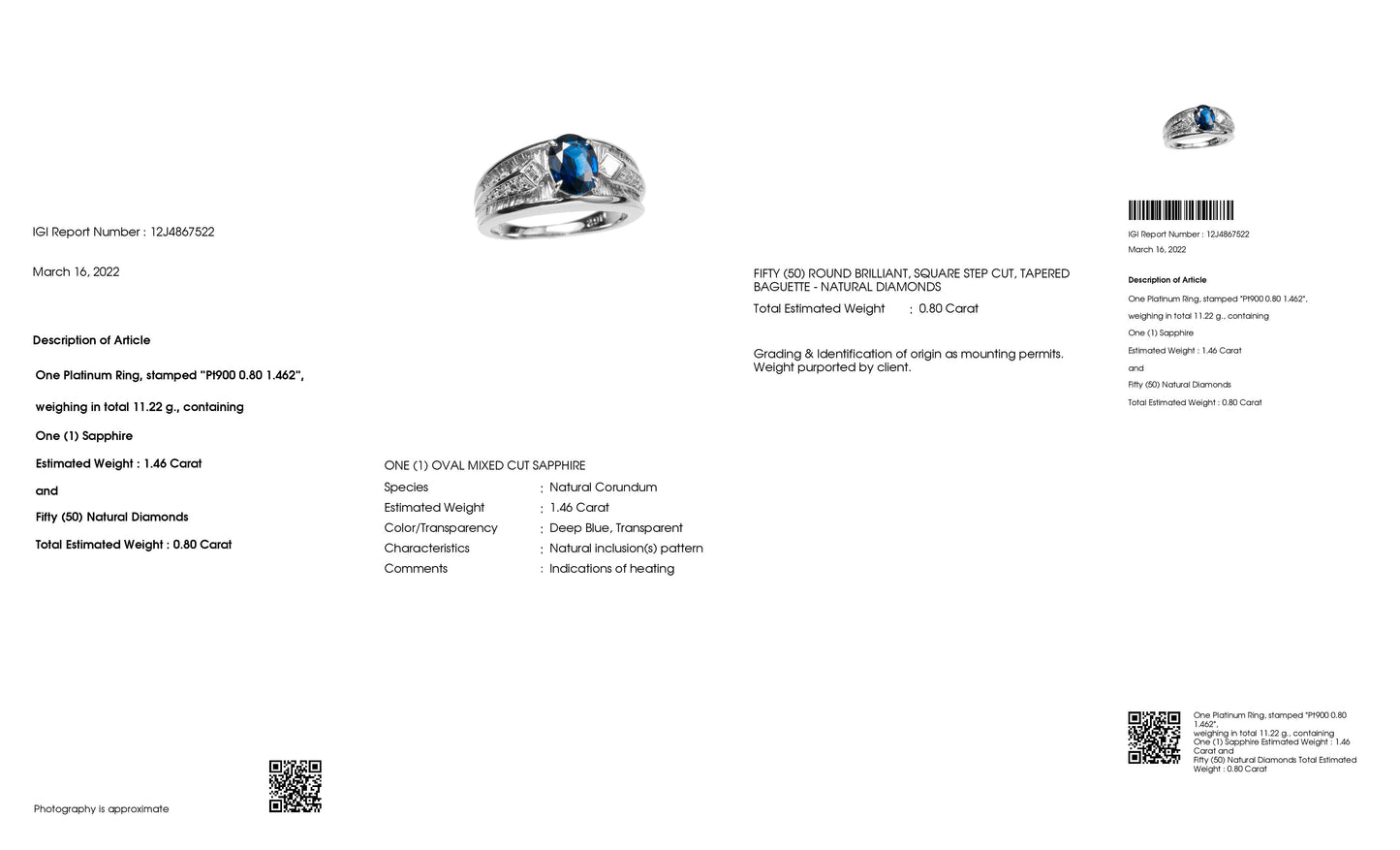 1.46ct NATURAL SAPPHIRE and 0.80ct NATURAL DIAMONDS set with Platinum Ring - SALE