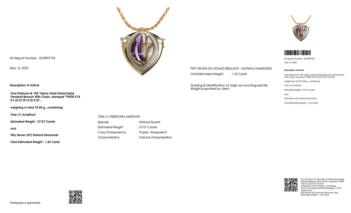 57.07ct Natural Purple Amethyst 1.23ct Natural Diamonds set in 18K Yellow Gold & Platinum Brooch / Necklace