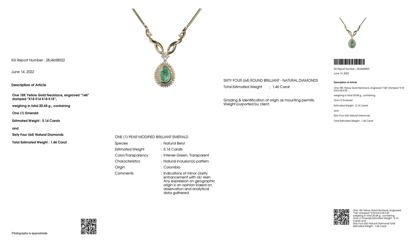 5.14ct NATURAL COLOMBIA EMERALD accented by 1.46ct NATURAL DIAMONDS set with 18K Yellow Gold Necklace