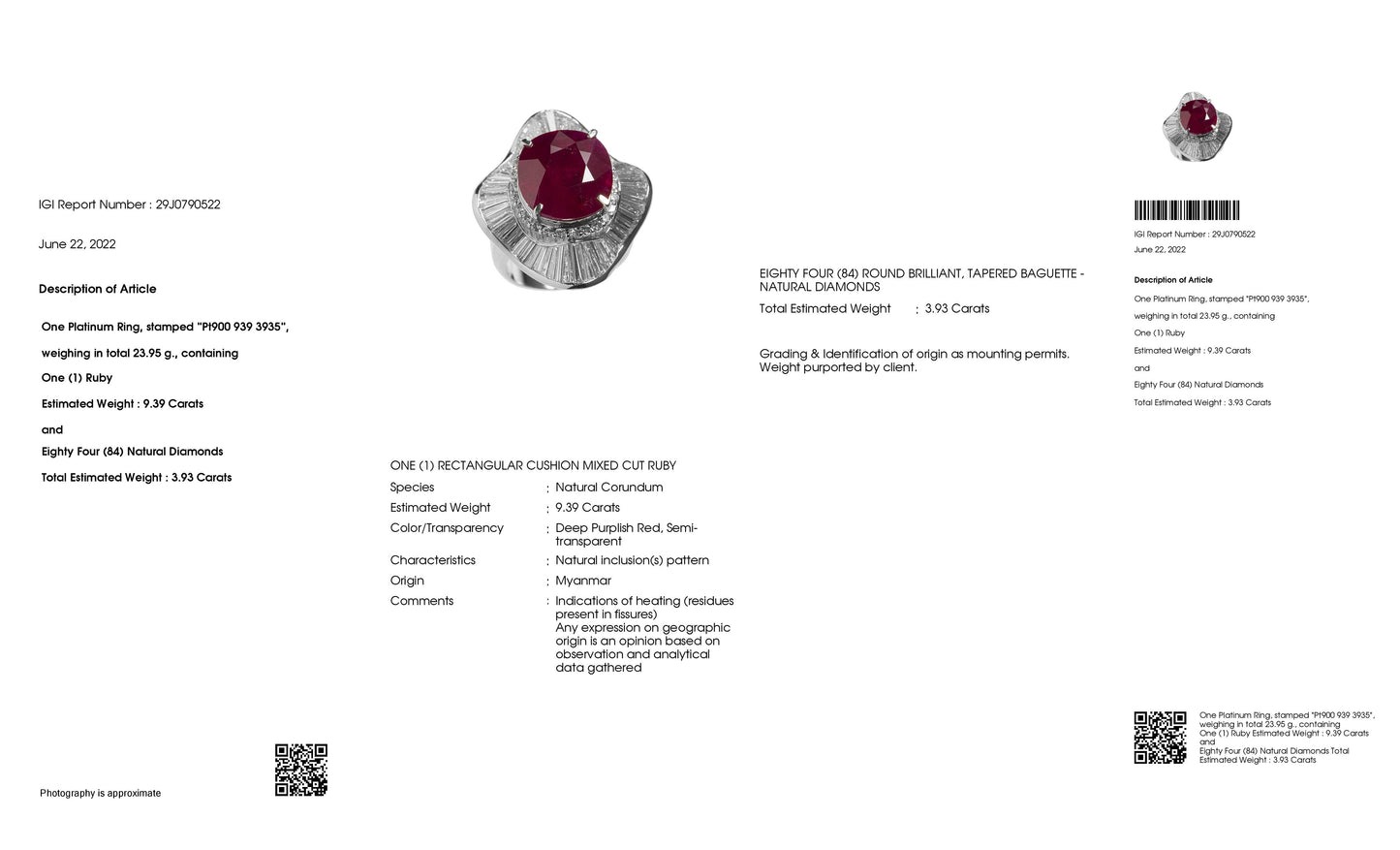 9.39ct NATURAL BURMA RUBY accented by 3.93ct NATURAL DIAMONDS set with Platinum Ring