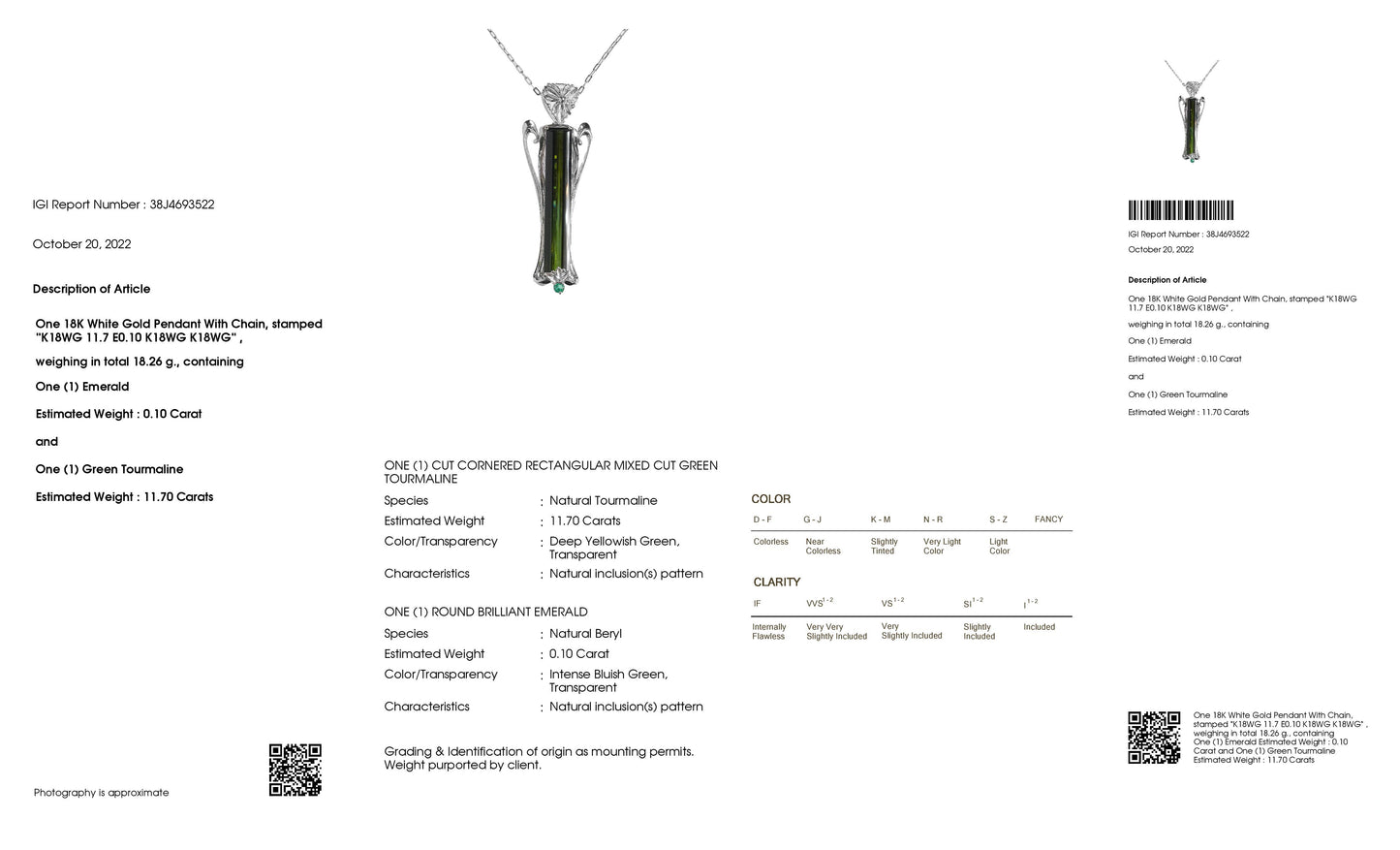 11.70ct NATURAL GREEN TOURMALINE and 0.10ct NATURAL EMERALD set in 18KG White Gold Necklace with Pendant