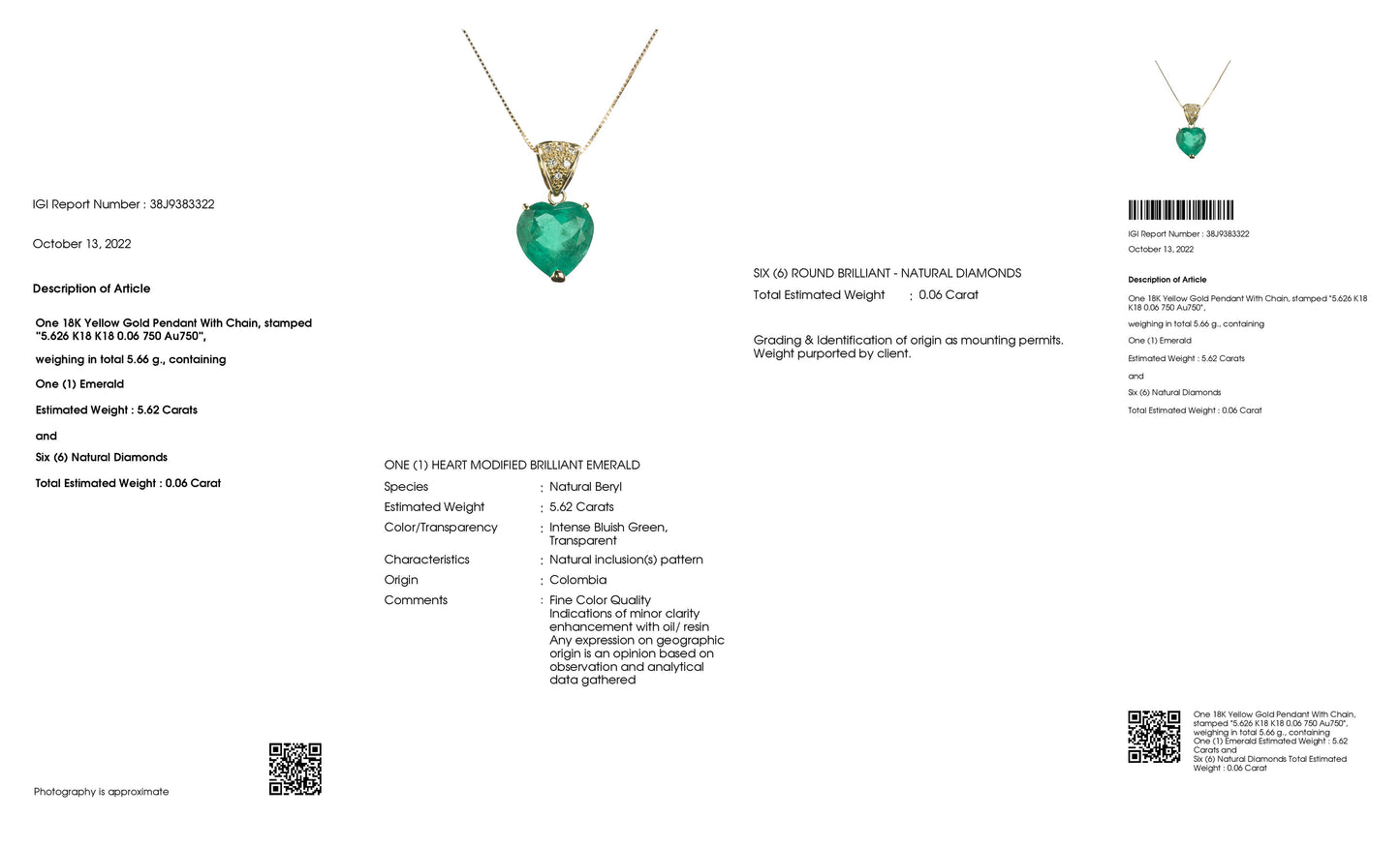 5.62ct FINE NATURAL COLOMBIA EMERALD accented by 0.06ct NATURAL DIAMONDS set in 18K Yellow Gold Necklace