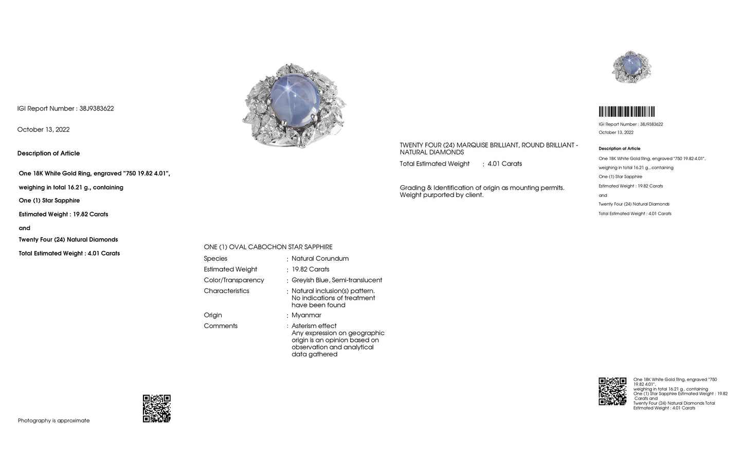 19.82ct NATURAL NOT-HEATED BURMA STAR SAPPHIRE and 4.01ct NATURAL DIAMONDS set in 18K White Gold Ring