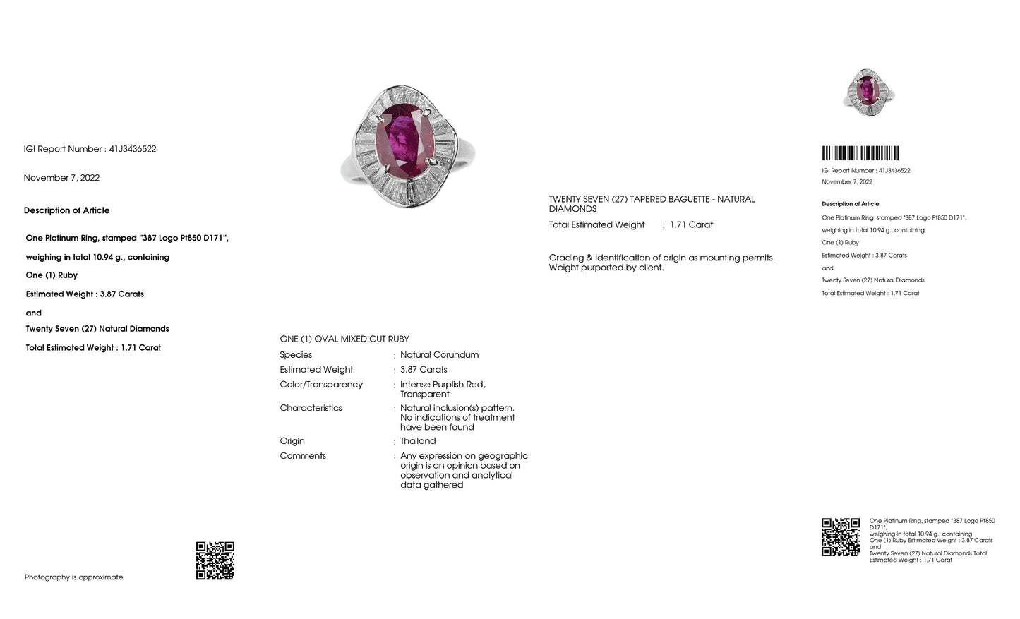 3.87ct NATURAL NOT-HEATED THAI RUBY accented by 1.71ct NATURAL DIAMONDS set in Platinum Ring