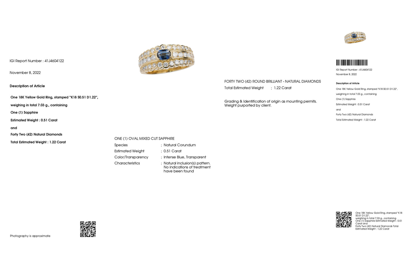 0.51ct NATURAL NOT-HEATED SAPPHIRE and 1.22ct NATURAL DIAMONDS set with 18K Yellow Gold Ring